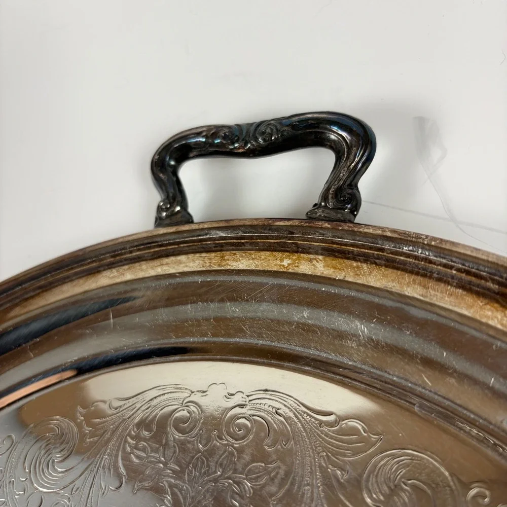 Sheridan‎ Silverplate Round Serving Tray Etched Floral Design with Handles 12in